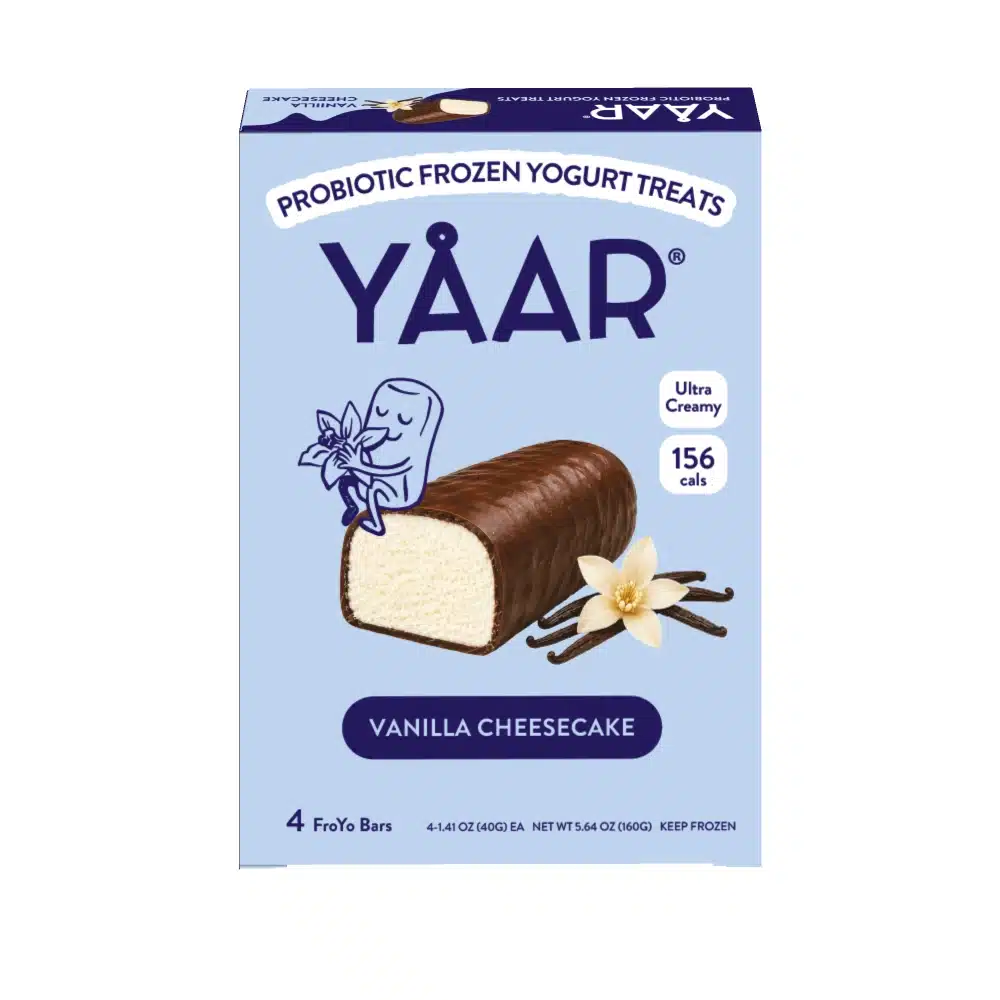 YAAR Vanilla Cheesecake probiotic frozen yogurt treats, four-bar blue pack