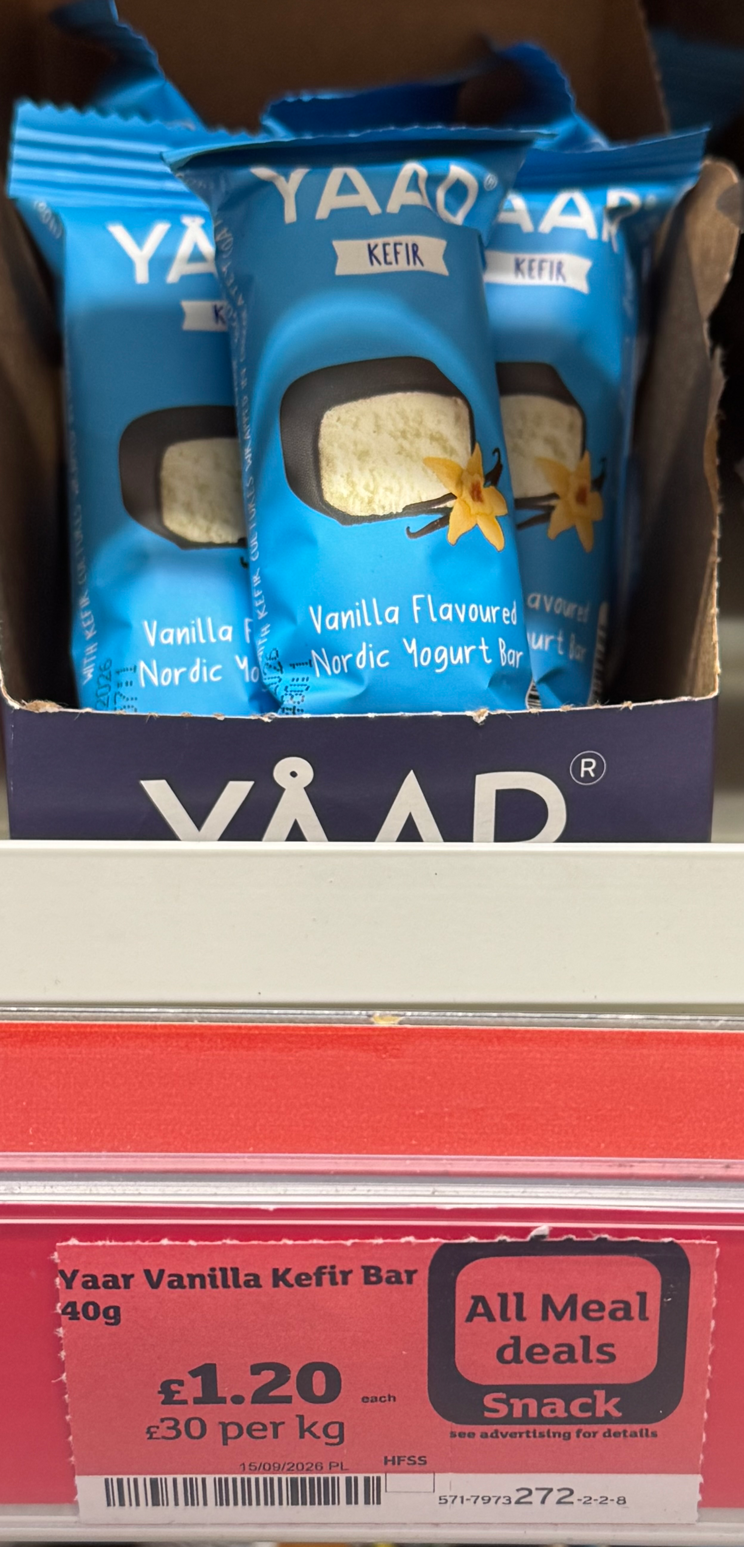 YAAR Vanilla single bars displayed with a UK meal deal snack label